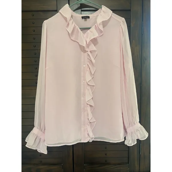 Talbots Women’s Large Pink Ruffle Blouse Button Down Sheer Sleeves Career Party - Image 2