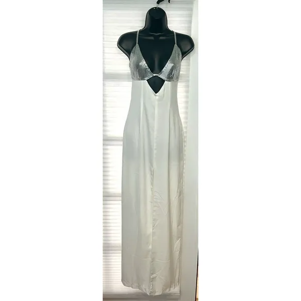 NBD Heera Gown Ivory White Chainmail Silver Metallic Cut Out Maxi Dress Size S - Image 4