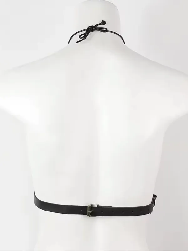 Black Leather Harness Necklace with Brass Rings - Image 8
