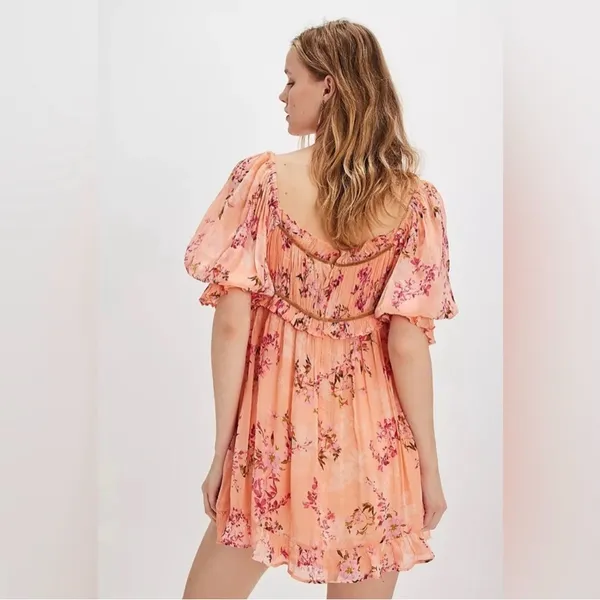 NWT Free People Peach Floral Sheer Babydoll Tunic Mini Dress Boho Romantic M - Image 3