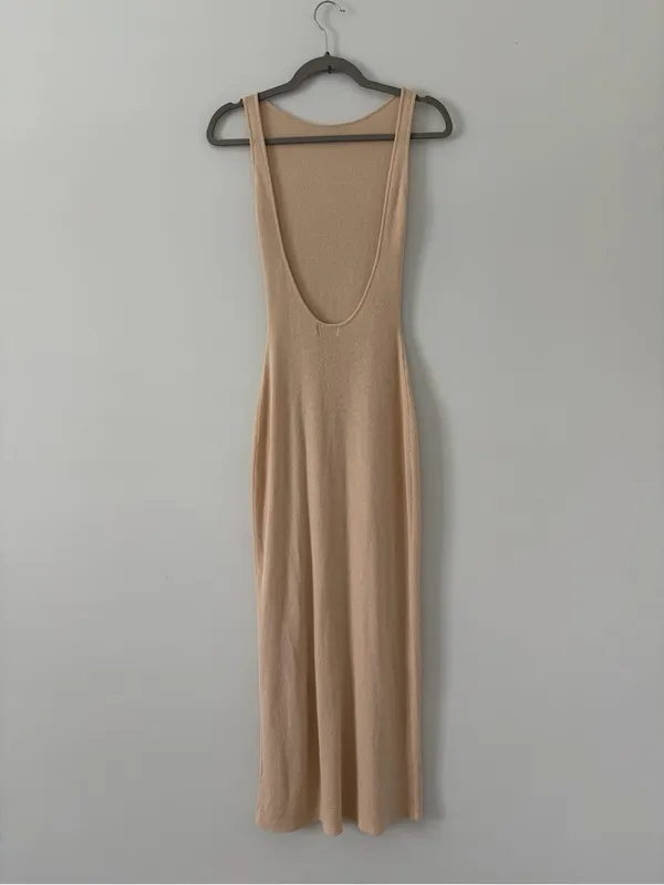 Meshki Maxine Sheer Knit Sleeveless Low Back Fitted Maxi Dress Tan Wheat XS - Image 8
