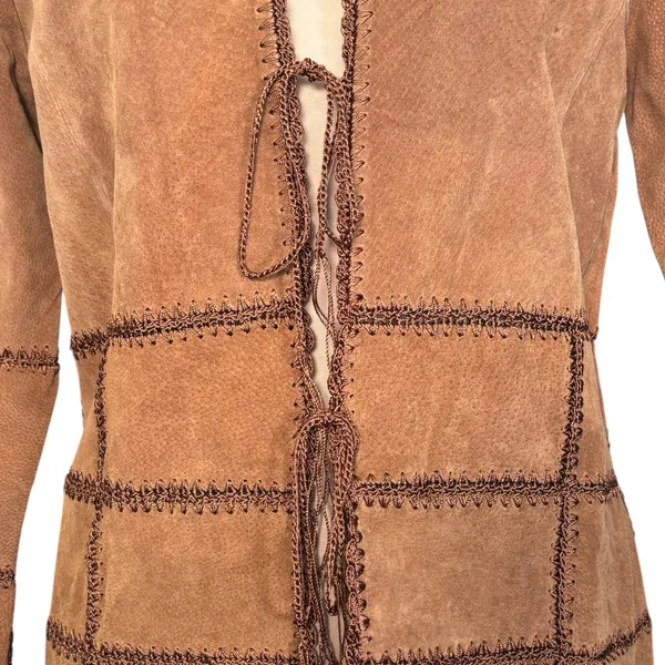 Vintage Brown Suede Tie Front Jacket Boho Western Patchwork Y2K Festival Hippie - Image 3