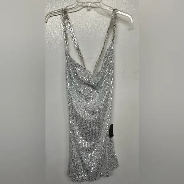 NWT Lulu's Famous Behavior Silver Sequin Cowl Neck Mini Dress Large New - Image 5