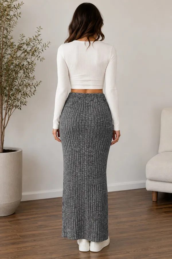 SHEIN Charcoal Gray Soft Ribbed Knit Maxi Skirt Size M - Image 2