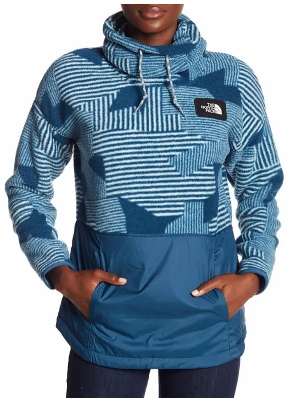 The North Face Riit cowl funnel neck fleece kangaroo pocket pullover teal blue L - Image 3