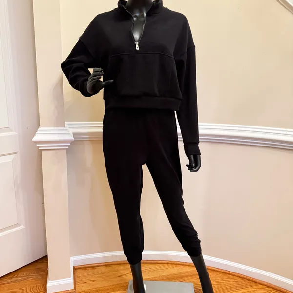 Two Piece Ribbed Set Tracksuit Sport Set Gym Crop Top Mock Neck Blouse Pants - Image 2