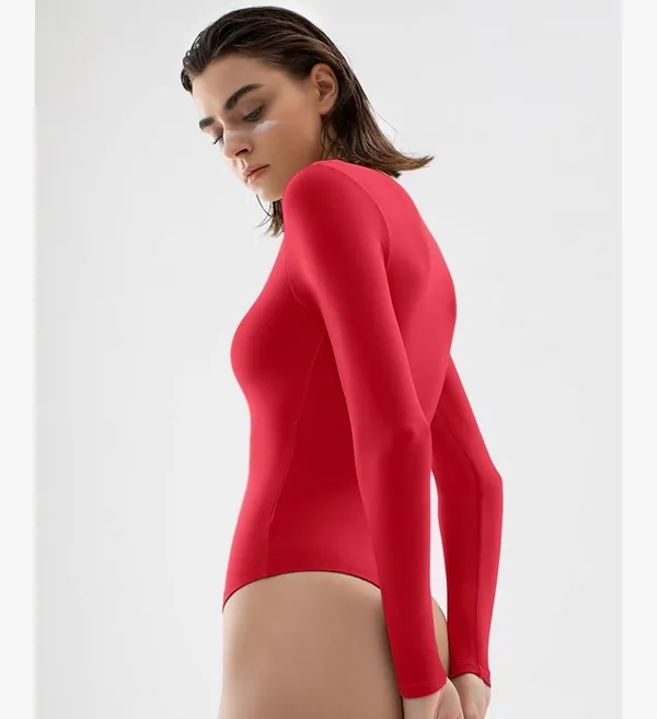 PUMIEY Women's Scoop Neck Long Sleeve Bodysuit Body-hugging Sexy Tops Smoke Cloud Collection - Image 4