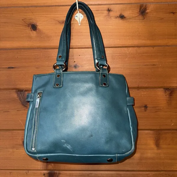 Vintage Y2K Perlina Teal Leather Small Satchel Top Handle Purse Bag - Image 5