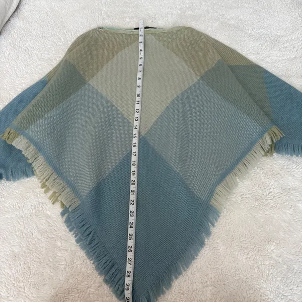 Churchill Handwoven Poncho Shawl Fring Plaid Green Camel Satin Neck Colorful OS - Image 3