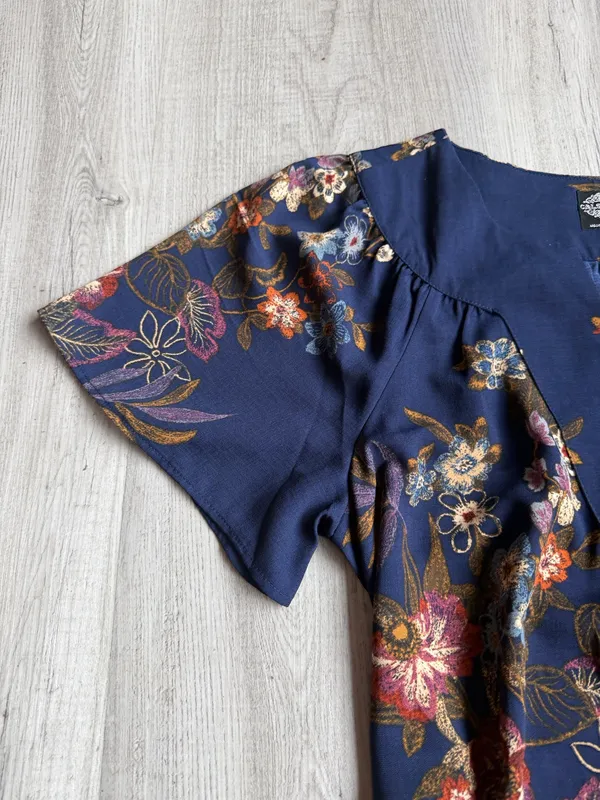 Cali Style Floral Midi Dress Blue Belted Short Sleeve Boho Casual - Image 3