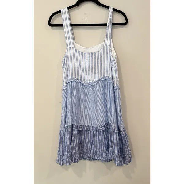 Rails Sandy Mixed Coastal Blue White Ruffled Tiered Linen Dress Sz Small 3025 - Image 5