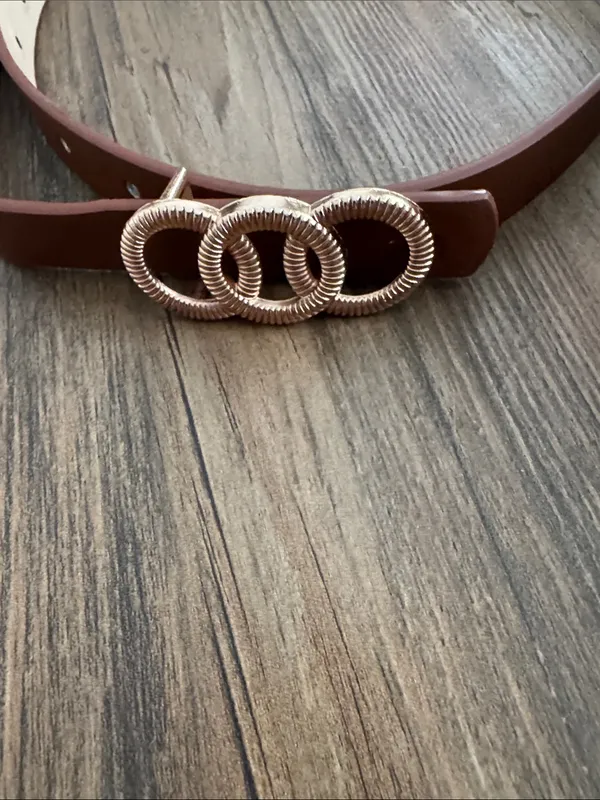 Brown Women's Belt with Triple Ring Gold Buckle - Image 3