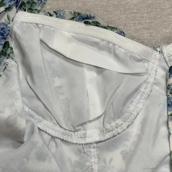 Cotton Candy | NWOT Blue and White Floral Ruched Peasant Dress | Small - Image 8