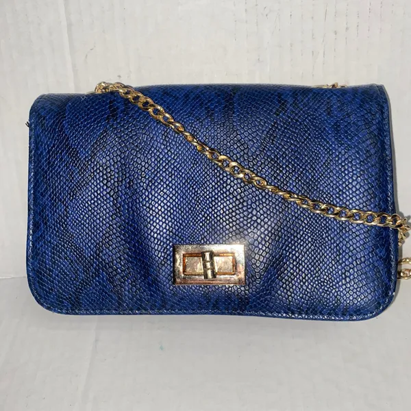 Women's Blue Black Snakeskin Faux Leather Gold-Chain Strap Purse Shoulder Bag - Image 2