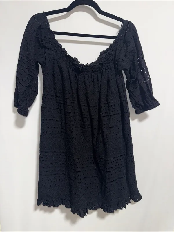Zara‎ Basic Black Eyelet Embroidery Ruffle Mini Dress Small Boho Puff Sleeve - Image 3