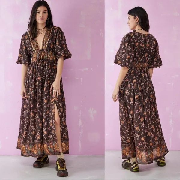 Free People Lysette Maxi Dress Floral Brown Small Bohemian Gypsy Hippie Bells - Image 5