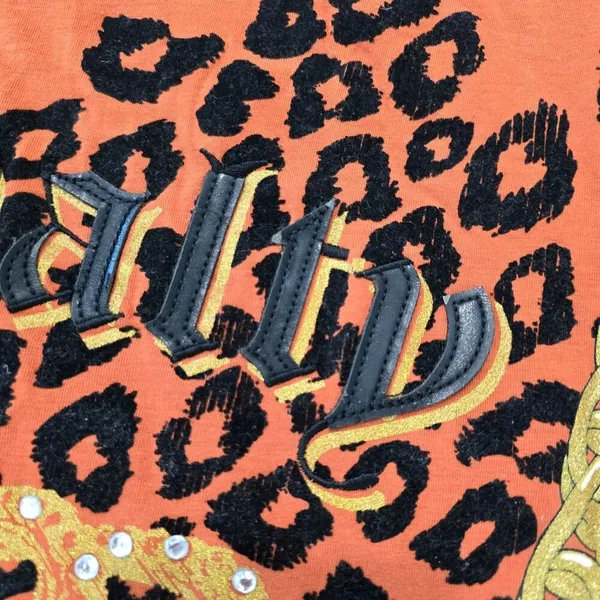 Baby phat 90s y2k Orange Graphic Tee Shirt With Leopard Print & Chain Detail L - Image 6
