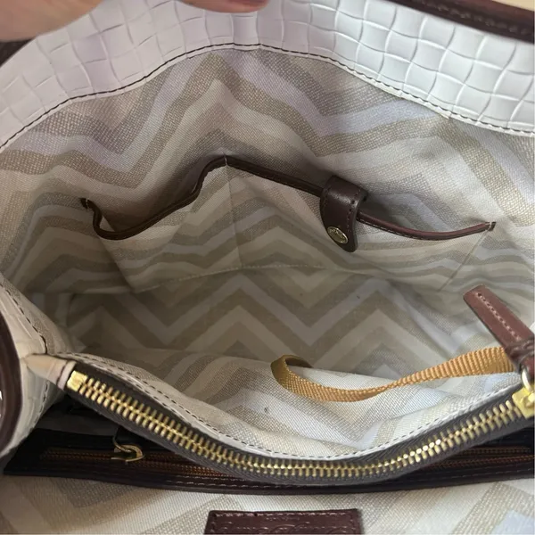 DOONEY & BOURKE Woven Leather Embossed Satchel Bag White Brown Trim Quiet Luxury - Image 10