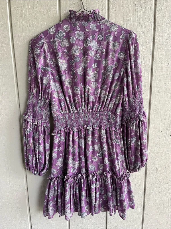 Alexis Lilac Purple Floral Mini Dress Long Sleeves - Image 4