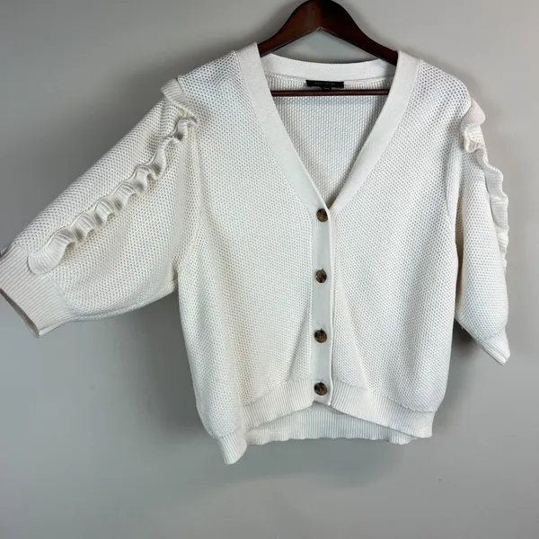 Ann Taylor Cardigan Sweater Womens XL Ivory 3/4 Ruffle Sleeve Button Chunky Knit - Image 3