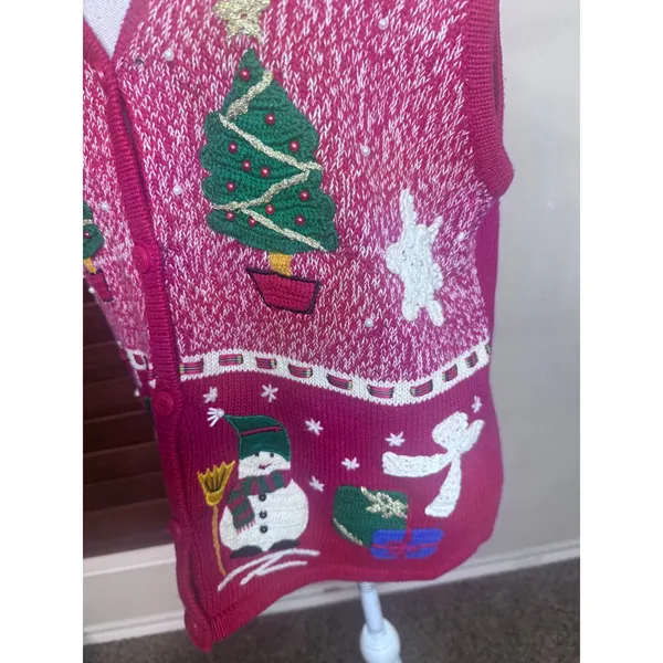 Bobbie Brooks Red Christmas Sweater Vest Snowman Tree Embroidered Vintage 90s M - Image 3