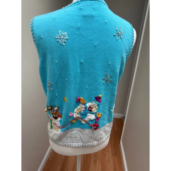 Vintage Berek Ugly Christmas Sweater Vest Small Snowman Embroidered Jingle Bells - Image 3