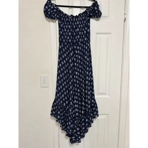 Vintage Havana Navy Floral Off Shoulder Ruffle High Low Maxi Dress Small Boho - Image 3