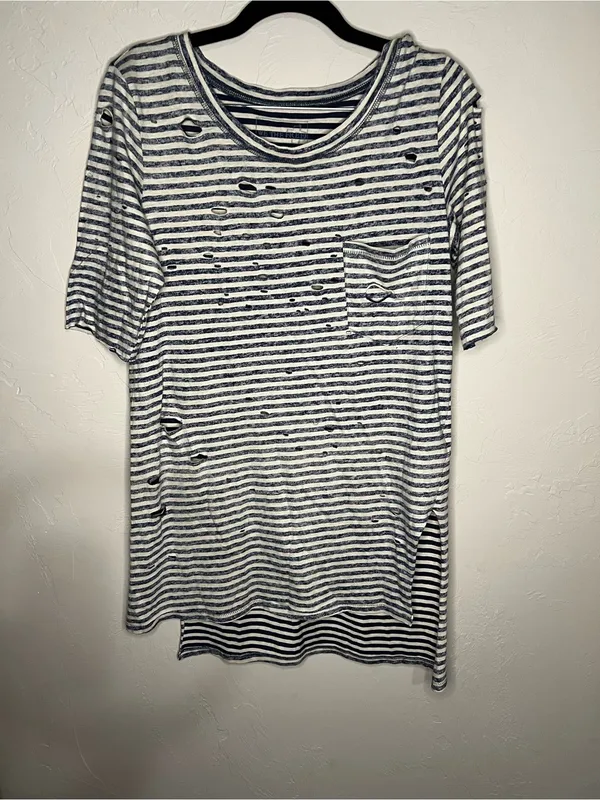 We The Free People Tommy Destroyed Blue White Striped Grunge Edgy Tshirt‎ - Image 2