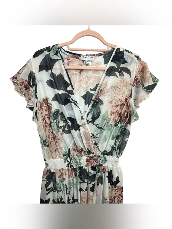 Alexa B Nites Floral Chiffon Maxi Dress Size 14W Wrap V Neck Flutter Sleeve - Image 4