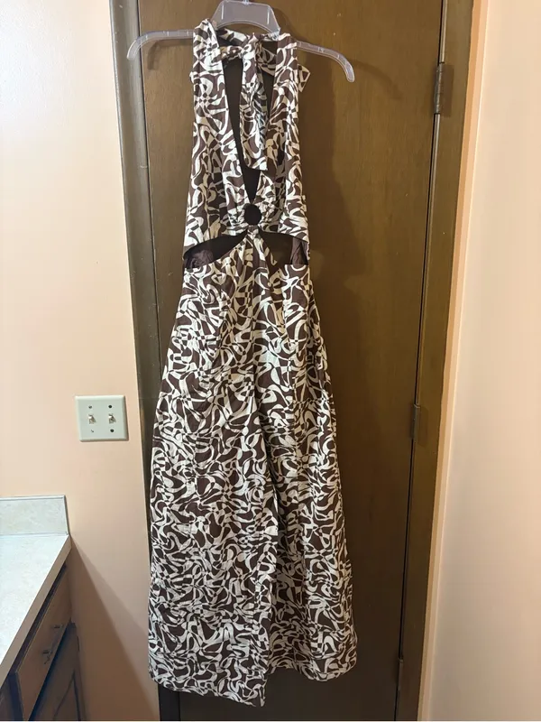 Free People Kira Abstract Cut-Out Brown & White Jumpsuit - Image 4
