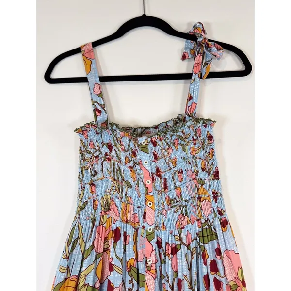 Poupette St Barth Dress Blue Midi Kleid Triny Floral Tank Tiered Smocked Boho XS - Image 8