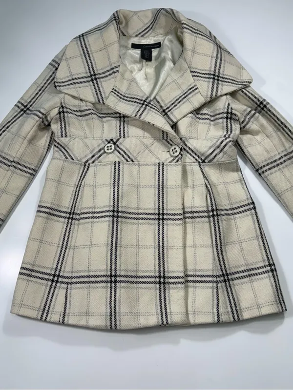 Calvin Klein Wool Blend Cream Plaid Double-Breasted Pea Coat Size Medium - Image 2