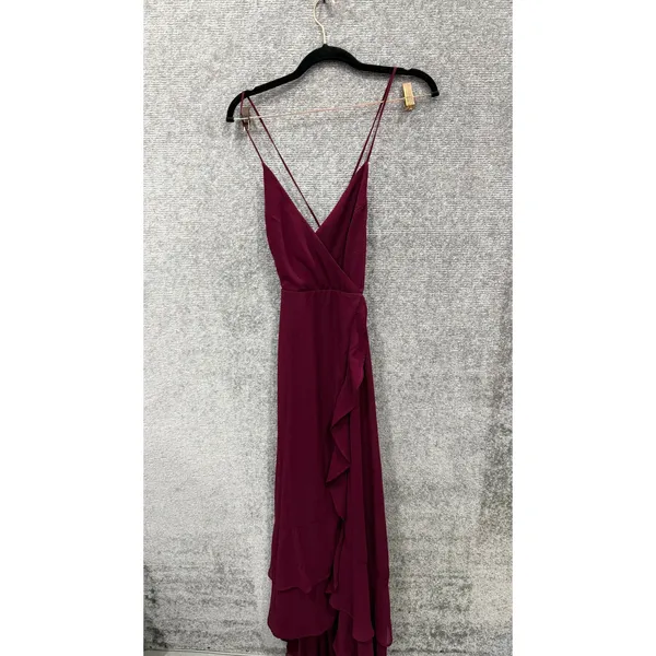 Lulus Women Maxi Dress S Burgundy Cascading Ruffles Lace Up Back 66642 - Image 2