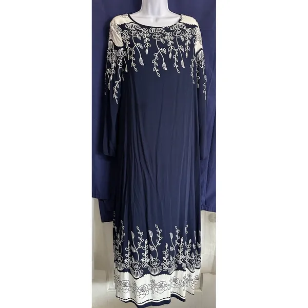 Emery Rose Navy Blue Boho Floral Maxi Dress - Size L - Image 2