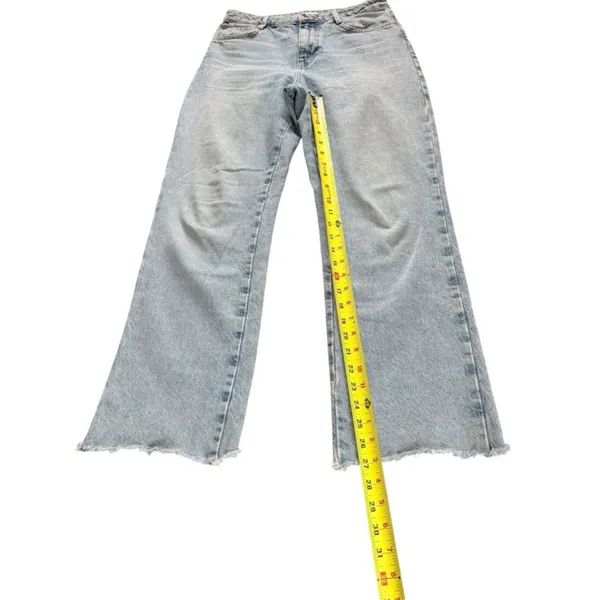 Zara The 90s Full Length High Rise Raw Hem Frayed Blue Jeans Size 6 Straight Leg - Image 6