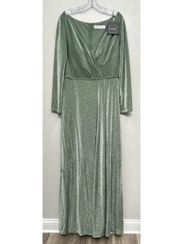 IEENA for Mac Duggal Faux Wrap Gown Maxi Dress Sz 12 Jade Green Metallic stretch - Image 16