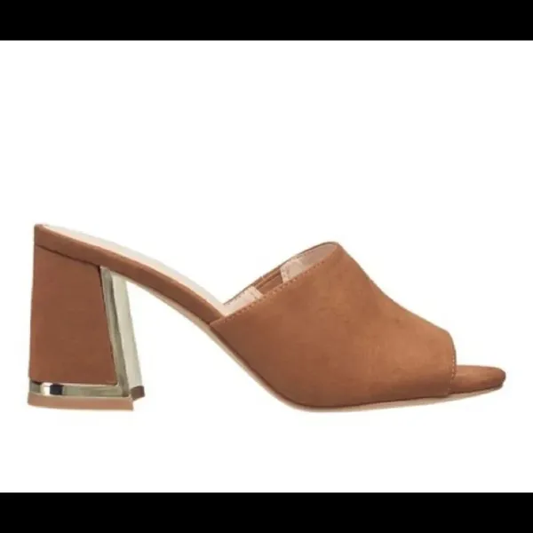 Halston Vegan suede dress sandal gold detail cognac color - Image 2