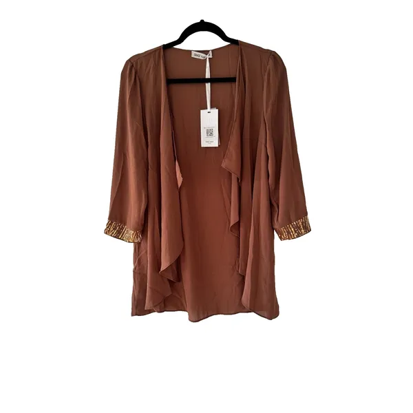 Grace Karin Brown‎ Open Front Waterfall Cardigan Sequin Cuff Brown Medium NEW - Image 7