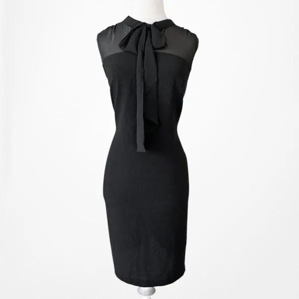 Vintage Y2K Black Sleeveless Bow Tie Knee Length Mesh Bodycon Cocktail Dress M - Image 4