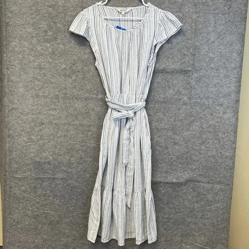 BRIGGS Linen Blend Midi Dress L Blue Striped Flutter Sleeve Belted NWT Coastal - Image 4