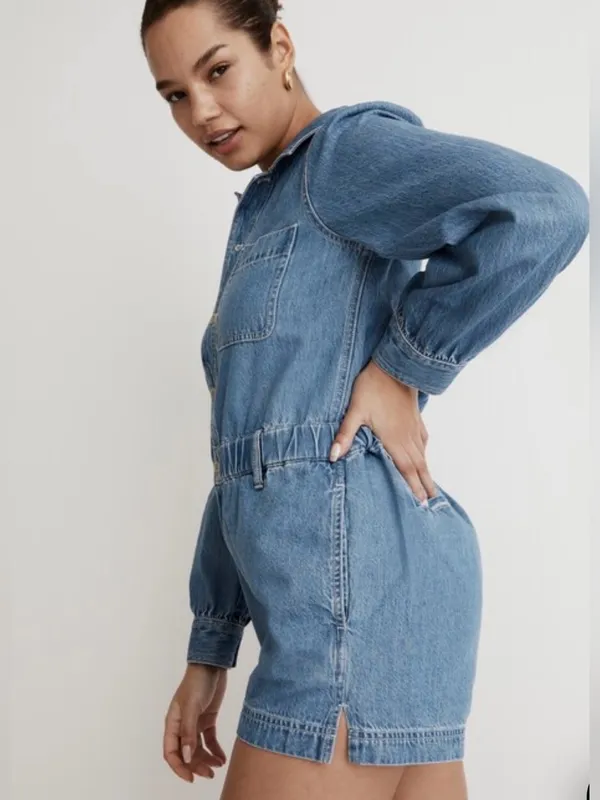 Madewell Denim Long-Sleeve Button-Front Cotton Romper in Rushland‎ Wash Size XXL - Image 2