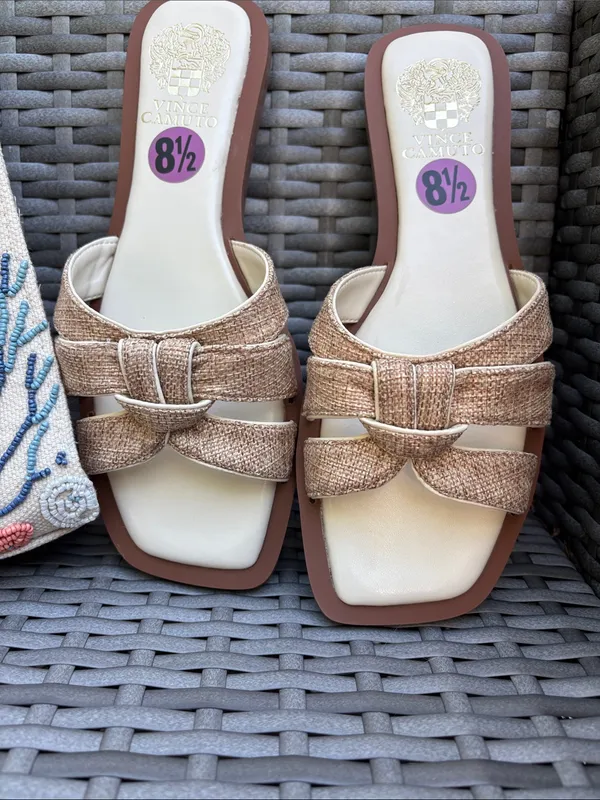 Vince Camuto VP-Byrdy Tan & Cream Woven Slide Sandals - Image 8