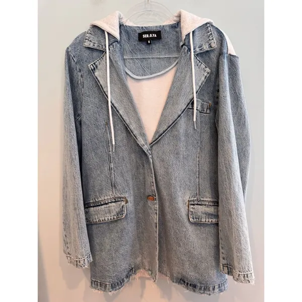 SER.O.YA Lawrence Denim Blazer Hoodie Jacket Size S - Image 2