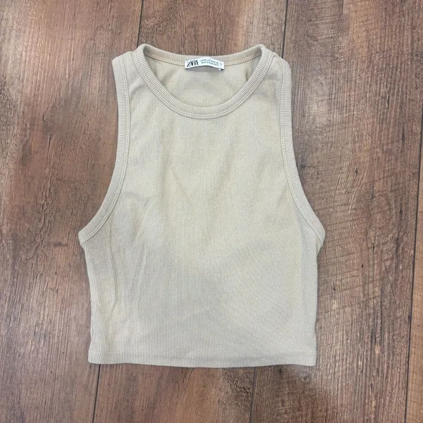 ZARA WOMEN'S RIBBED HIGH NECK TANK CROP TOP SLEEVELESS TAN SIZE M - Minimalist - Image 2