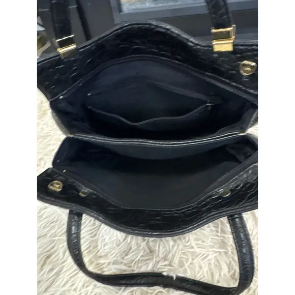 Vintage Black Embossed‎ Crocodile Texture Top Handle Handbag Gold Hardware Women - Image 9