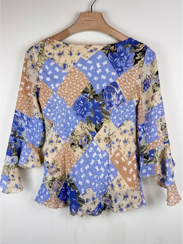 Jonathan Martin Studio Y2K Floral Patchwork Bell Sleeve Blouse Blue Tan Size S - Image 7