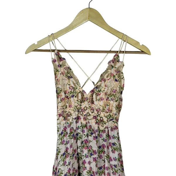 Free People Adella Floral Lace Ruffle Mini Dress Pink Purple Boho Cottagecore XS - Image 3