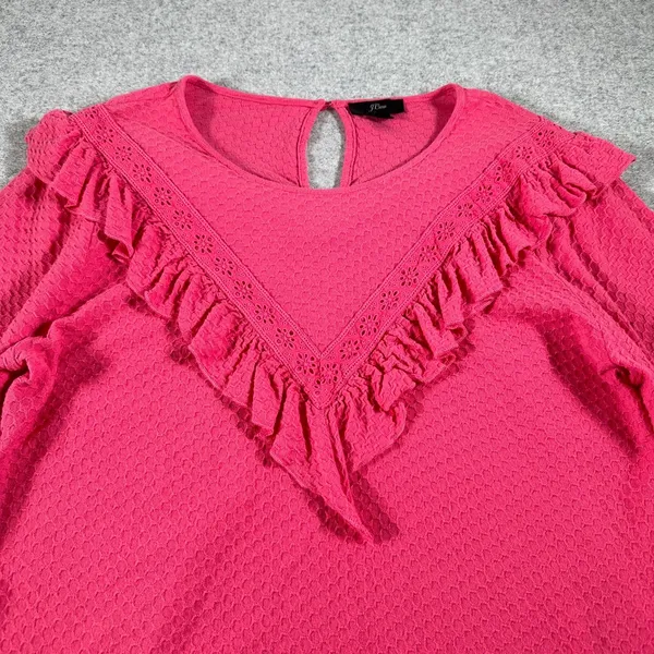 J. Crew Medium Womens Top Blouse Honeycomb Pattern Ruffle Neck Pink Puffy Sleeve - Image 2