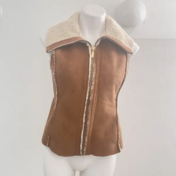Michael Kors Faux Suede Sherpa Vest Camel Brown Petite Small P/S bohemian - Image 8