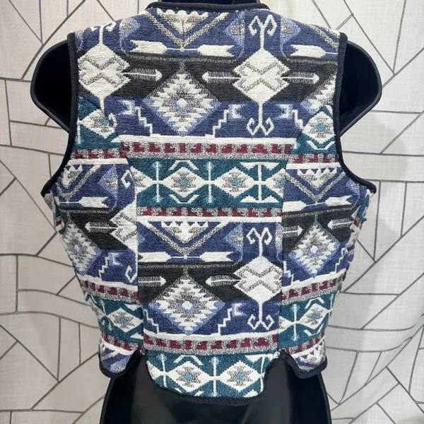 Southwest Canyon Geometric Jacquard Vest M Blue‎ VTG 90s Western Crop Aztec - Image 3